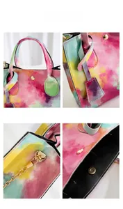 Detailed views of watercolor crossbody bag with golden hardware and magnetic clasp