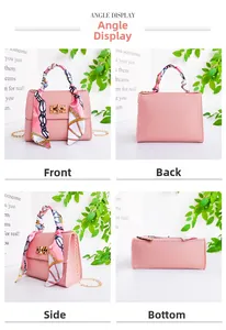 Four-angle view of pink crossbody bag with metal chain strap and silk scarf handle