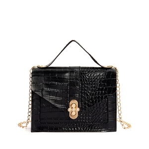 Black crocodile pattern handbag with elegant gold floral pearl clasp and chain strap
