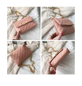 Detailed four-angle view of pink quilted crossbody bag with gold chain and metal lock