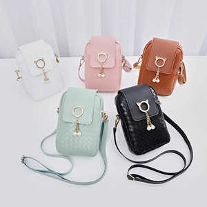 Woven PU Leather Cell Phone Crossbody Bag Women Cat Ear Metal Ring Artificial Pearl Tassel Sweet Mini Shoulder Bag