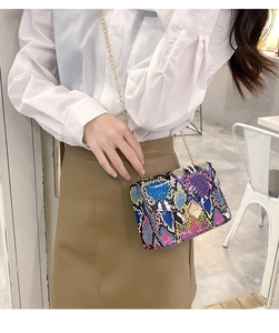 Rainbow snakeskin crossbody bag with gold chain strap worn with casual white outfit