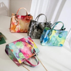 Women Mini Tote Bag Glossy PU Leather Tie Dye Watercolor Print Dual Handles Metal Chain Strap Handbag Crossbody Bag