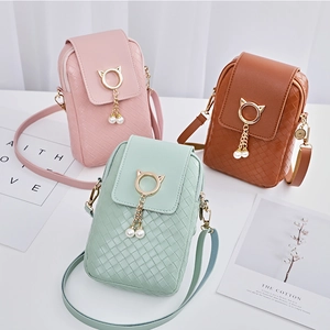 Mini woven PU leather phone bags in green, pink and brown with pearl cat ear ring