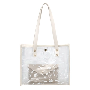 Translucent PVC tote bag with cosmetic icons print and a beige inner envelope clutch bag