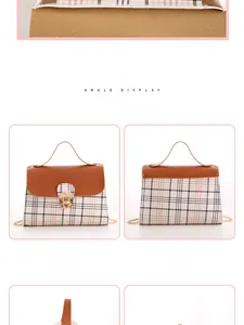 Detailed front and back views of a vintage plaid tote bag with gold swivel lock and chain
