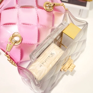 Pink gradient transparent jelly bag with diamond quilted pattern and pearl handle