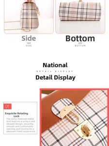 Detailed view of classic plaid handbag with golden rotating lock and metal chain strap