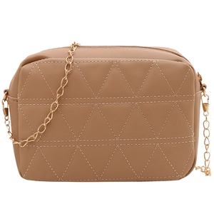 Brown rectangular crossbody bag with triangular quilting and gold chain strap