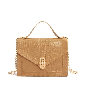 Khaki crocodile pattern crossbody bag with pearl lock and golden chain strap