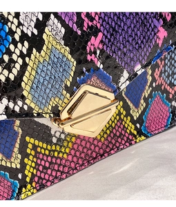 Close-up of rainbow snakeskin crossbody bag with golden geometric clasp and textured finish