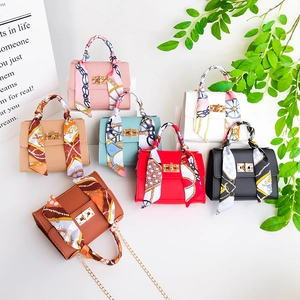 Women Mini PU Leather Handbag With Satin Scarf Handle Gold Metal Chain Strap Crossbody Small Square Fashion Bag