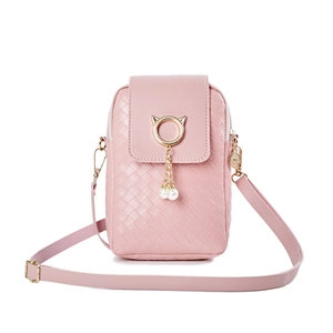 Pink woven mini shoulder bag with cat-ear metal ring and pearl tassel detail