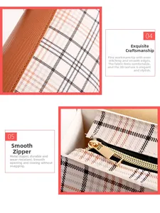 Close-up of beige plaid fabric texture with brown leather stitching and gold metal zipper