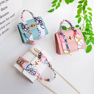 Mini candy-colored PU leather handbags with silk scarf handle and chain strap in three colors