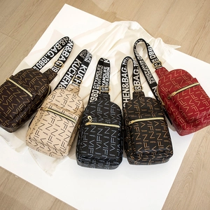 Letter Print PU Leather Chest Bag For Women Fashion Wide Strap Crossbody Sling Bag Golden Zipper Daily Casual