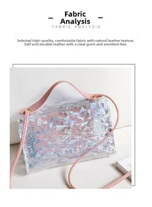 Detailed view of iridescent PVC fabric with pink leather trim and natural texture