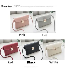Mini crossbody bags displayed in pink, gray, red, black, and white lychee leather texture