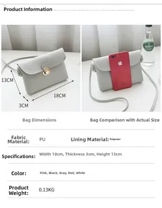 Detailed size comparison and specifications for this 18x3x13cm grey PU leather crossbody bag