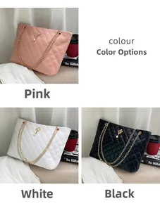 Detailed view of quilted chain tote bags in pink, white, and black with pearl charms