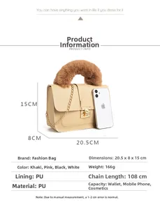 Detailed dimensions of khaki chain crossbody bag showing 20.5x8x15cm size and phone scale
