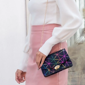 Fashionable geometric laser chain crossbody bag with rainbow lines and golden strap for ladies