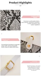 Detailed views of snakeskin crossbody bag showing magnetic closure and hardware