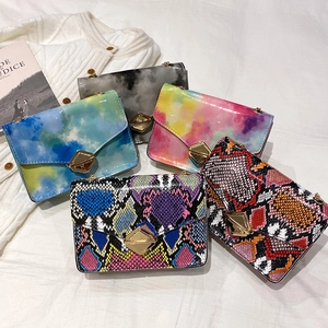 Women Shoulder Bag PU Leather Snake Print Marble Tie-Dye Chain Strap Crossbody Small Square Handbag