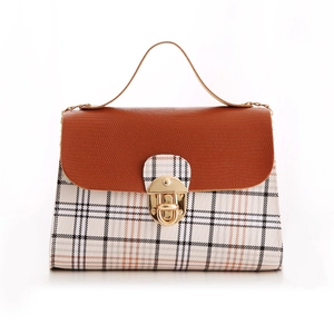 Classic checkered tote bag with caramel lizard texture flap and gold chain detail