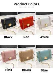 Mini crossbody bags displayed in six colors including black, red, and blue with chain straps
