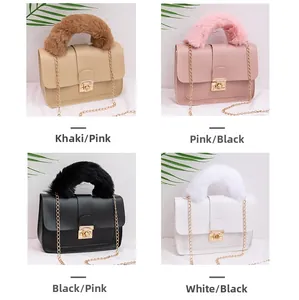 Detailed grid view of four small crossbody bags with faux fur handles and chain straps