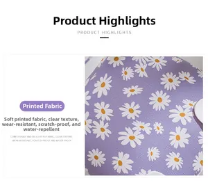 Macro detail of purple PU leather with white daisy print and water-resistant texture