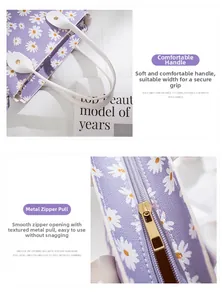 Close-up of purple bucket bag featuring daisy prints and smooth gold hardware zipper