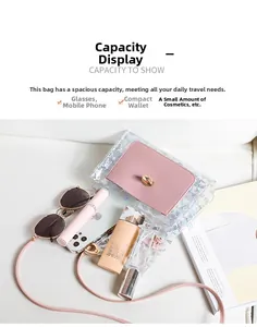 Internal view of laser PVC crossbody bag showing capacity for phone and accessories
