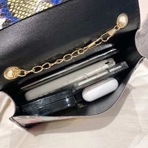 Snake skin pattern crossbody bag with gold chain showing internal capacity for phone and makeup