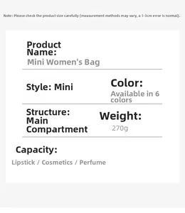 Specifications table for mini crocodile jelly bag showing weight, size, and 6 color options
