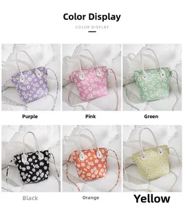 Daisy floral bucket bags shown in six vibrant colors on a clean white background