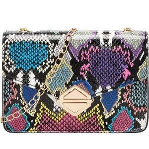 Chic snakeskin print crossbody bag with colorful patchwork and gold chain strap
