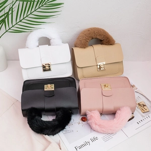 Women Fashion PU Leather Small Square Bag With Faux Fur Handle Gold Chain Shoulder Crossbody Phone Bag Handbag Casual Gift Bag