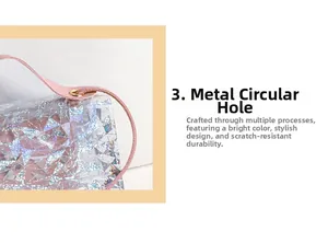 Detail of pink leather handle with gold metal eyelets on a holographic sequin crossbody bag