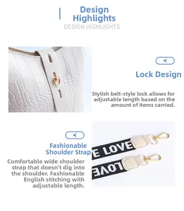 Detail view of white crocodile pattern bucket bag with adjustable 'LOVE' logo wide straps
