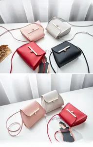 Detailed display of mini crossbody bags in four colors with elegant golden metal buckles