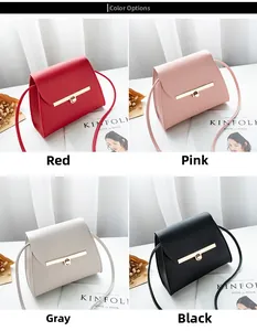 Mini crossbody bags displayed in red, pink, grey and black with metal buckle detail