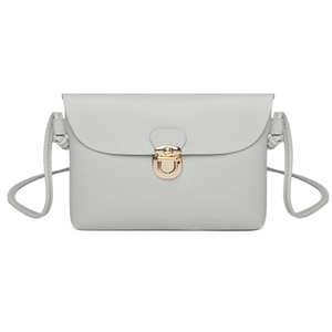 Classic light grey square crossbody bag with pebble texture and gold metal clasp