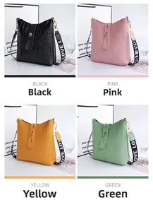 Detailed comparison of four color crocodile pattern mini bucket bags with printed straps