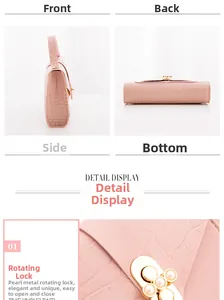 Detailed views of pink crocodile embossed handbag with a pearl turn-lock clasp mechanism