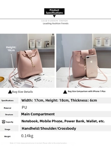Detailed specifications of a pink PU bucket bag with a cute deer charm pendant.