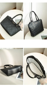 Detailed views of black quilted tote bag with gold hardware and spacious interior design