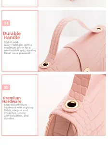 Detail of pink croc-embossed handbag showing durable handle and gold metal hardware