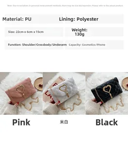 Detail showing dimensions and three colors of quilted crossbody bags with heart clasp